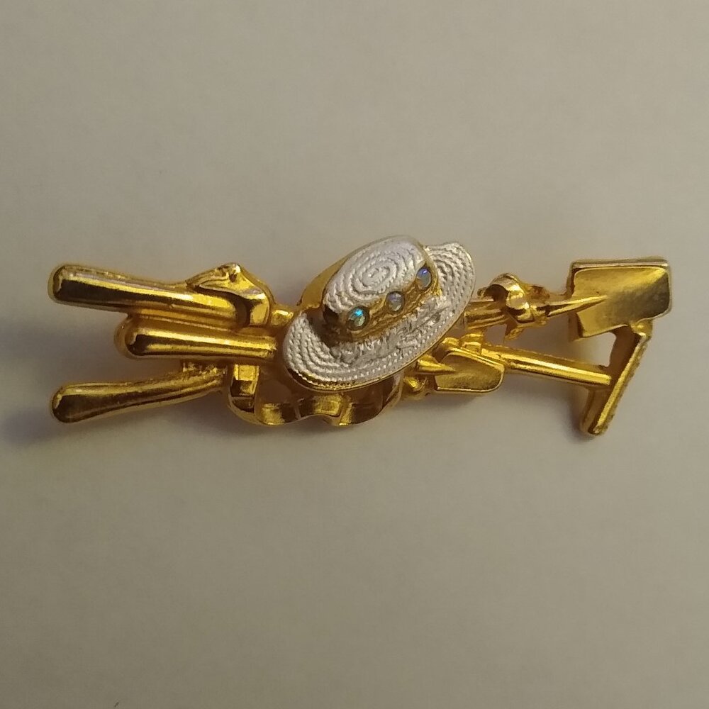 Ladies' Vintage Garden-Themed Pin/Brooch - feat. Beautiful White Hat and Tools